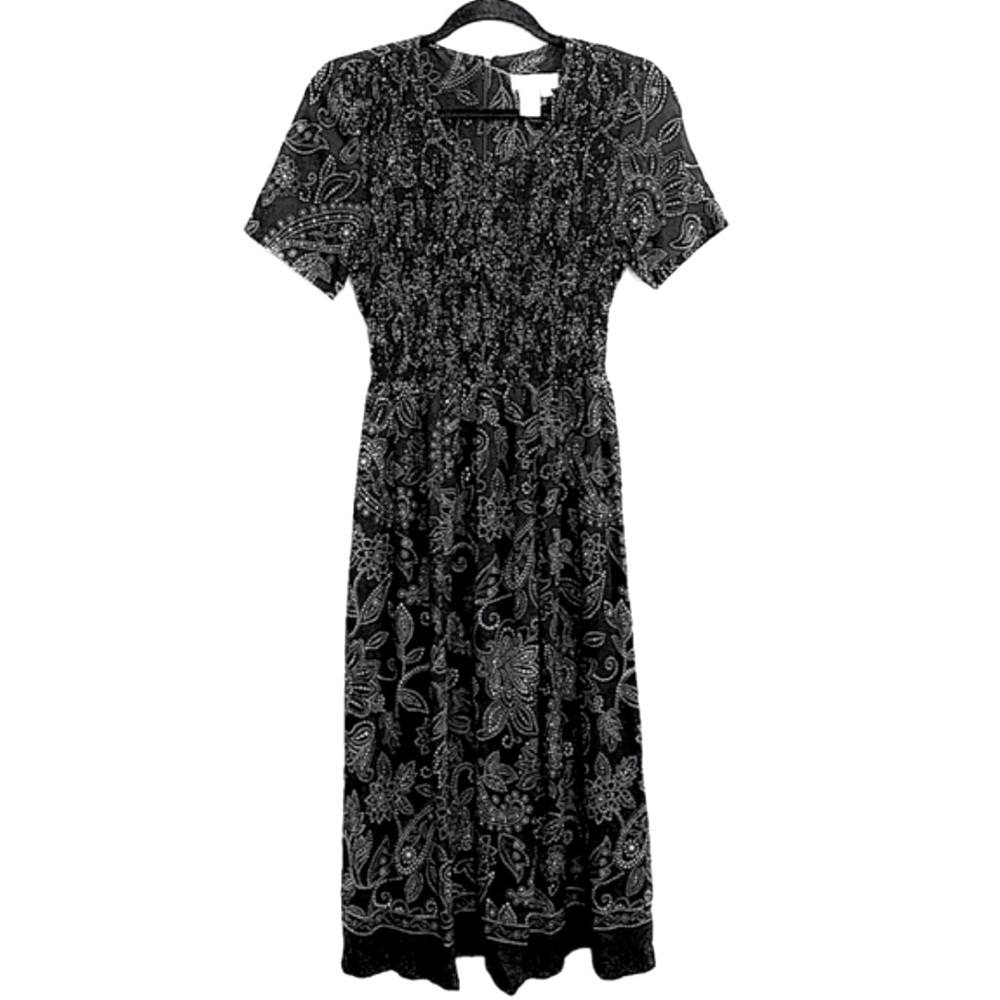 Coldwater Creek Black Floral Polka Dot Pattern Midi Dress